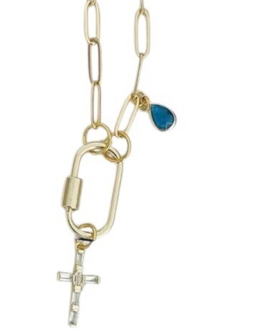 NEW! 18K Gold Plated Baguette CZ Cross Pendant & Charm Carabiner Necklace - Picture 2 of 4
